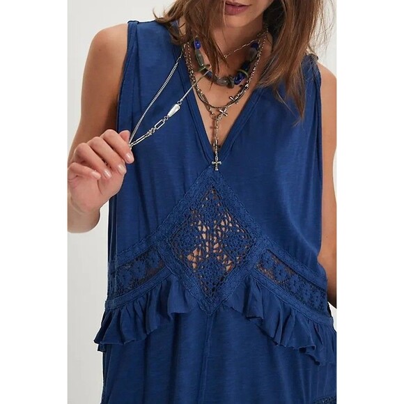 Free People Willow Maxi Top Cochet Lace Ruffle Cotton Jersey Blue S New 283791 - Picture 4 of 9